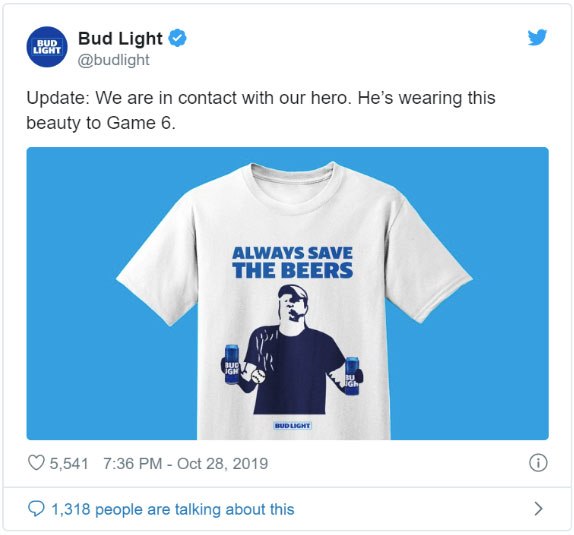 Bug light tweet about world series beer guy's new shirt